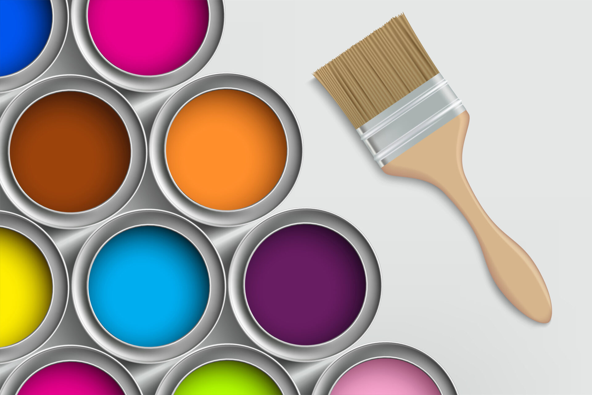 Paint brush and buckets with multi colored paint.